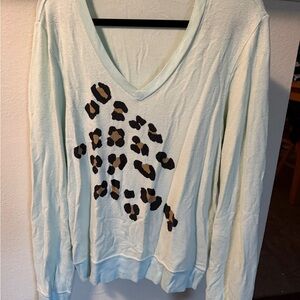 Wildfox Mint V-Neck Sweater with Leopard Spot Print